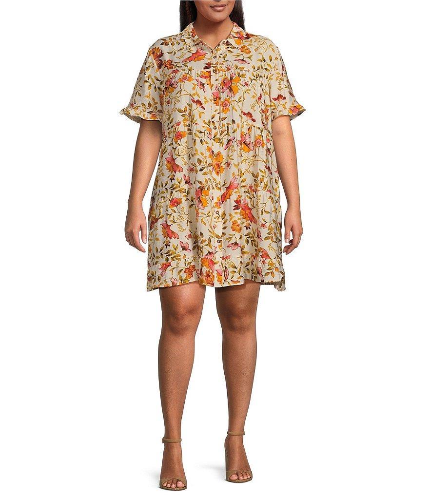 Moa Moa Plus Size Printed Point Collar Short Sleeve Tiered Button-Front Shirt Dress Product Image