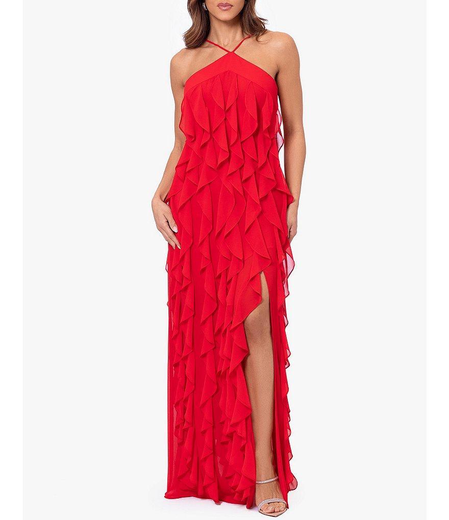 Xscape Chiffon Halter Neck Sleeveless Twist Ruffle Gown Product Image