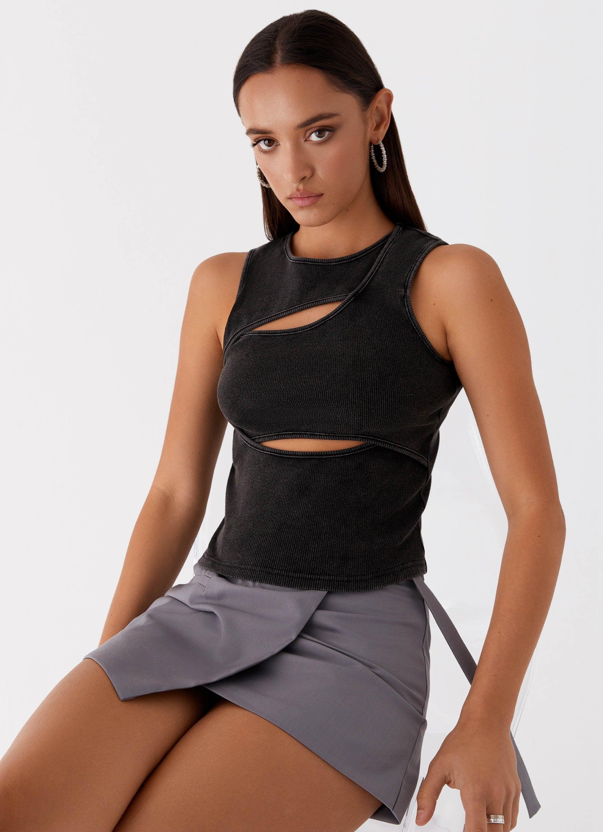 Beyond Cut Out Ribbed Top - Charcoal Product Image