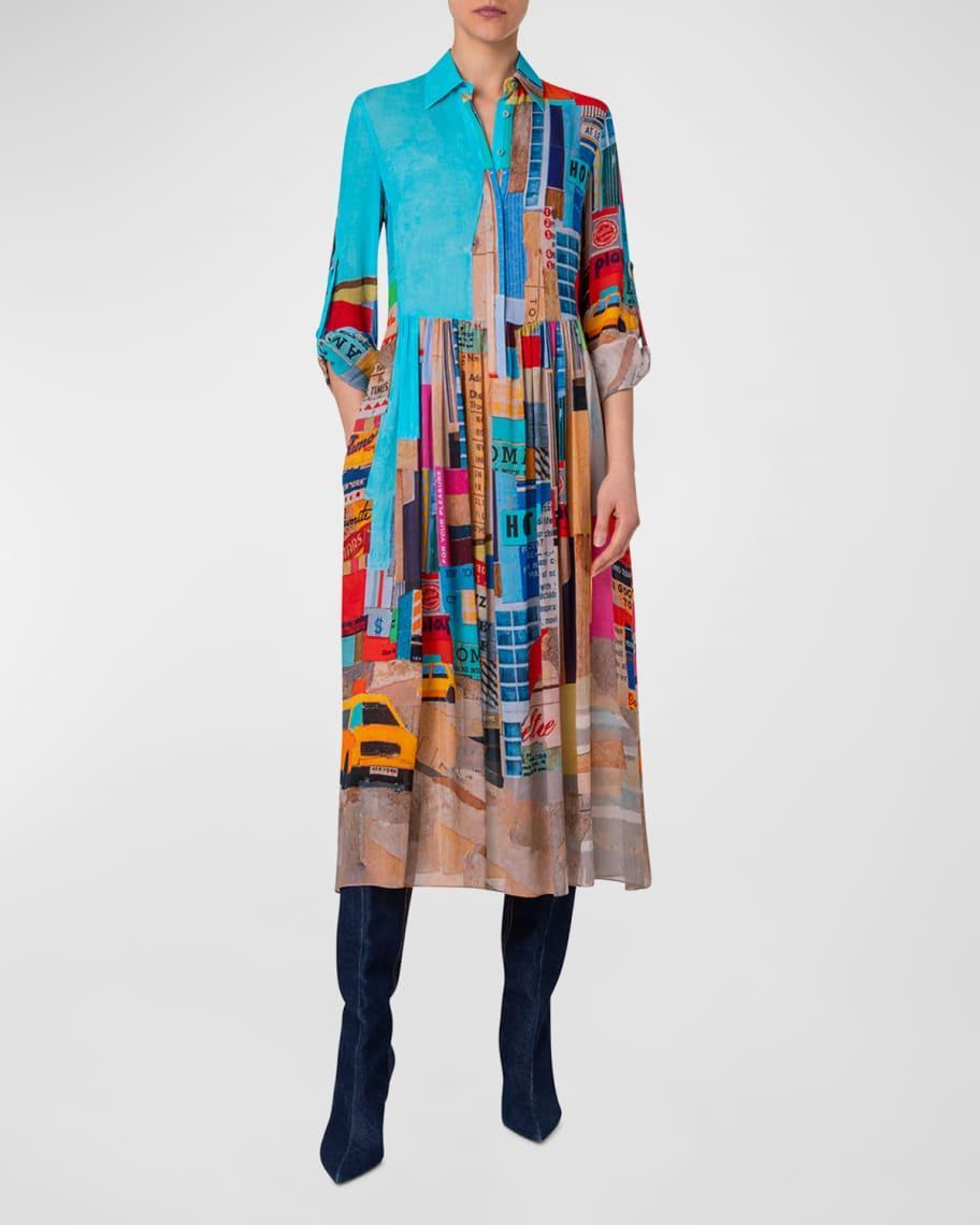 NYC Paper Collage-Print Long-Sleeve Viscose Georgette Midi Shirtdress Product Image