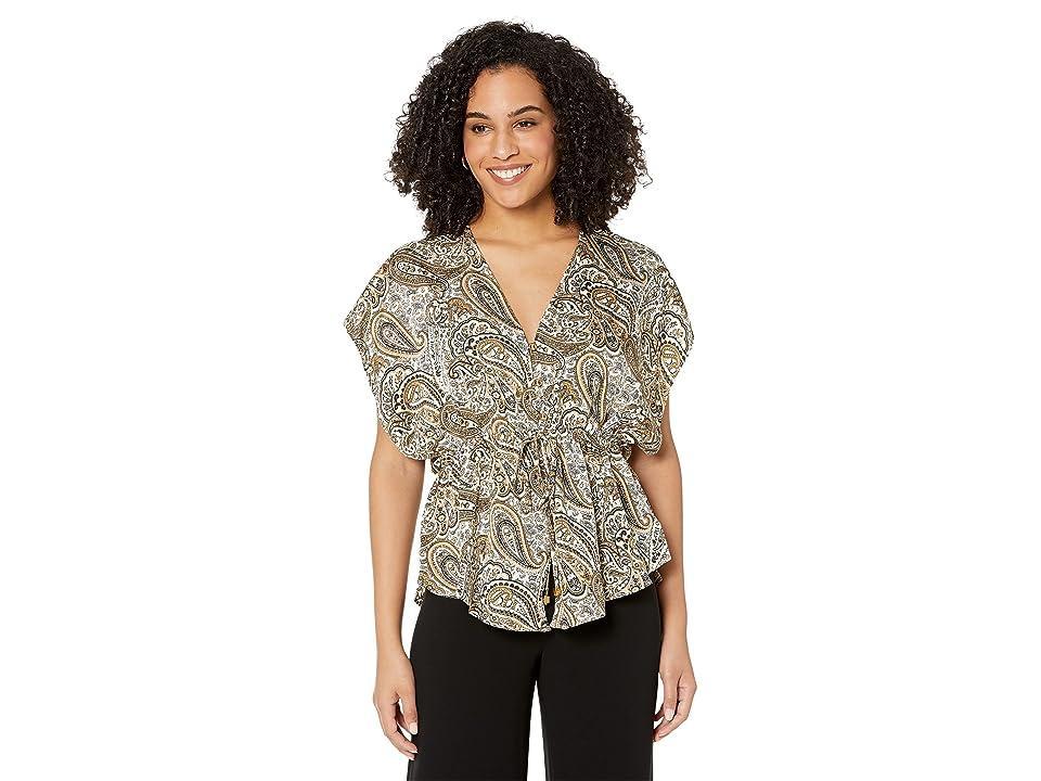 MICHAEL Michael Kors Satin V-Neck Paisley Print Flounce Short Dolman Sleeve Blouse Product Image