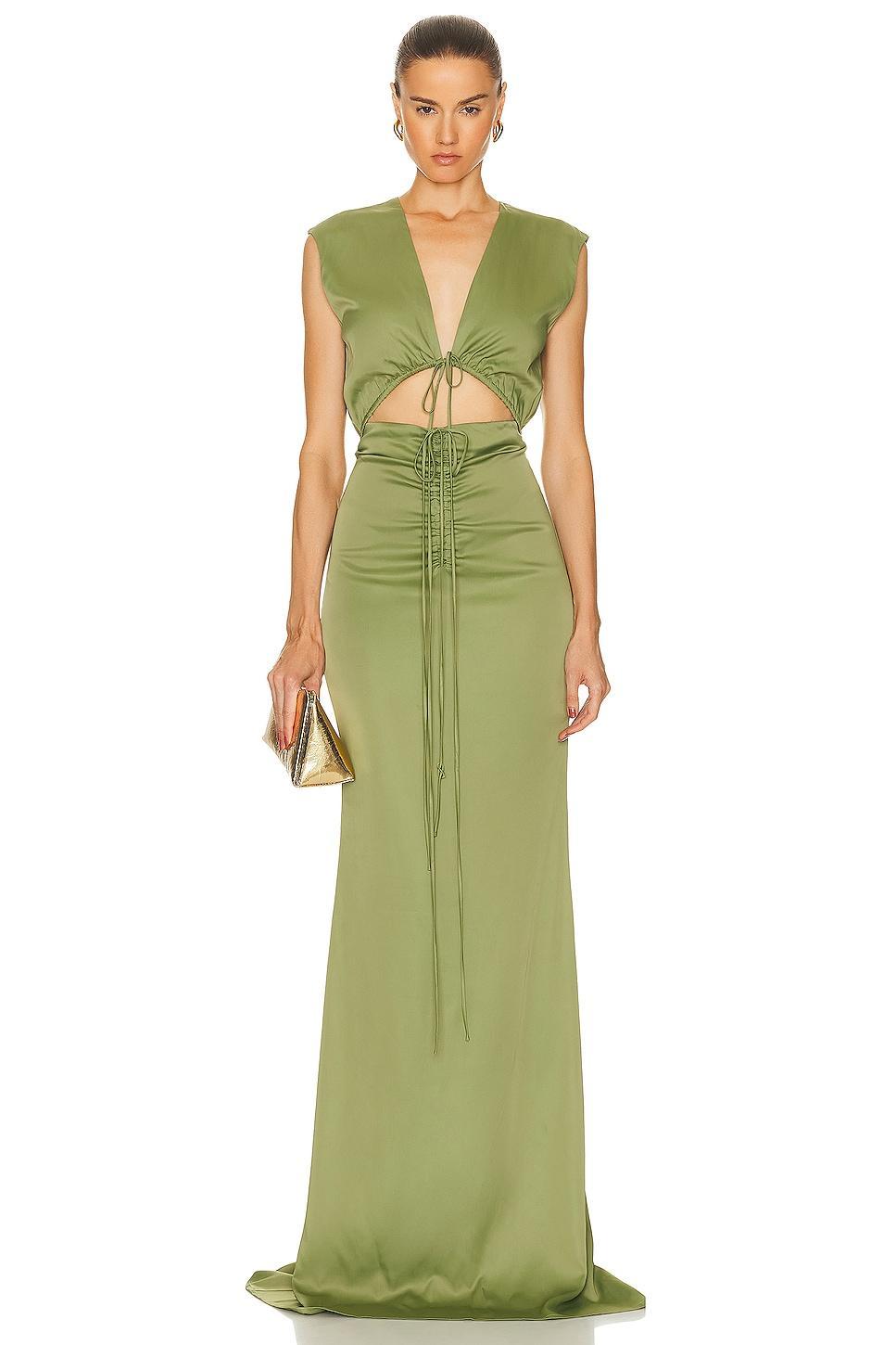 Lapointe Stretch Satin Shirred V Neck Maxi Dress Olive. (also in 6). Product Image