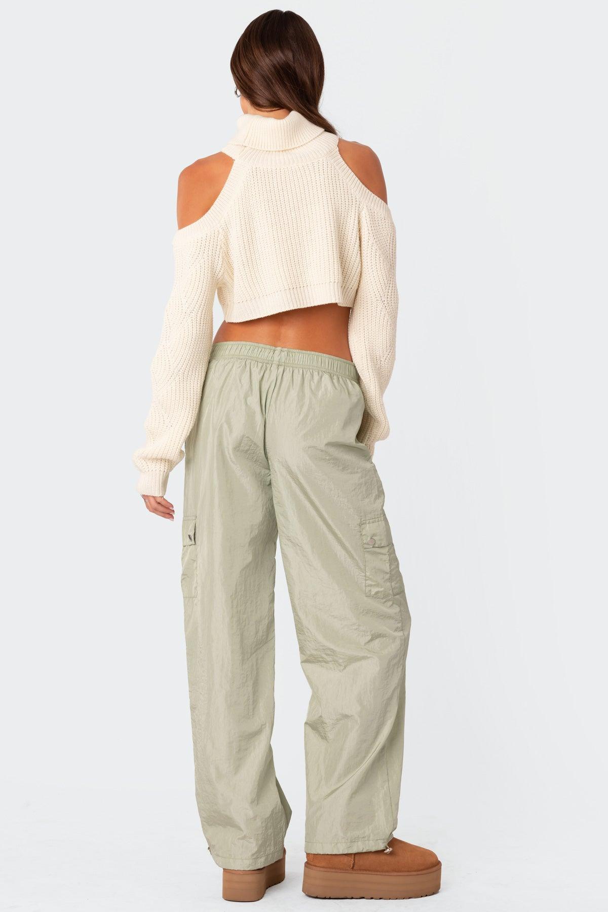 Asymmetric Cropped Open Shoulder Turtle Neck Sweater Product Image