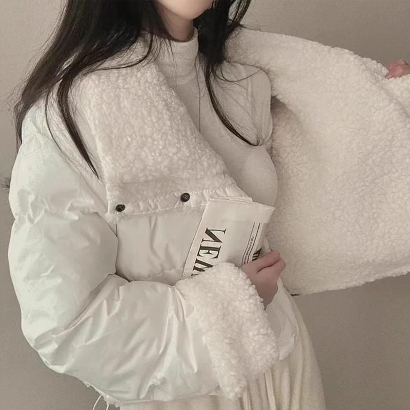 Plain Fluffy Trim Snap Button Puffer Jacket Product Image