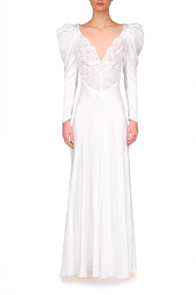 Off White Silk and Lace Long Sleeve Gown Product Image