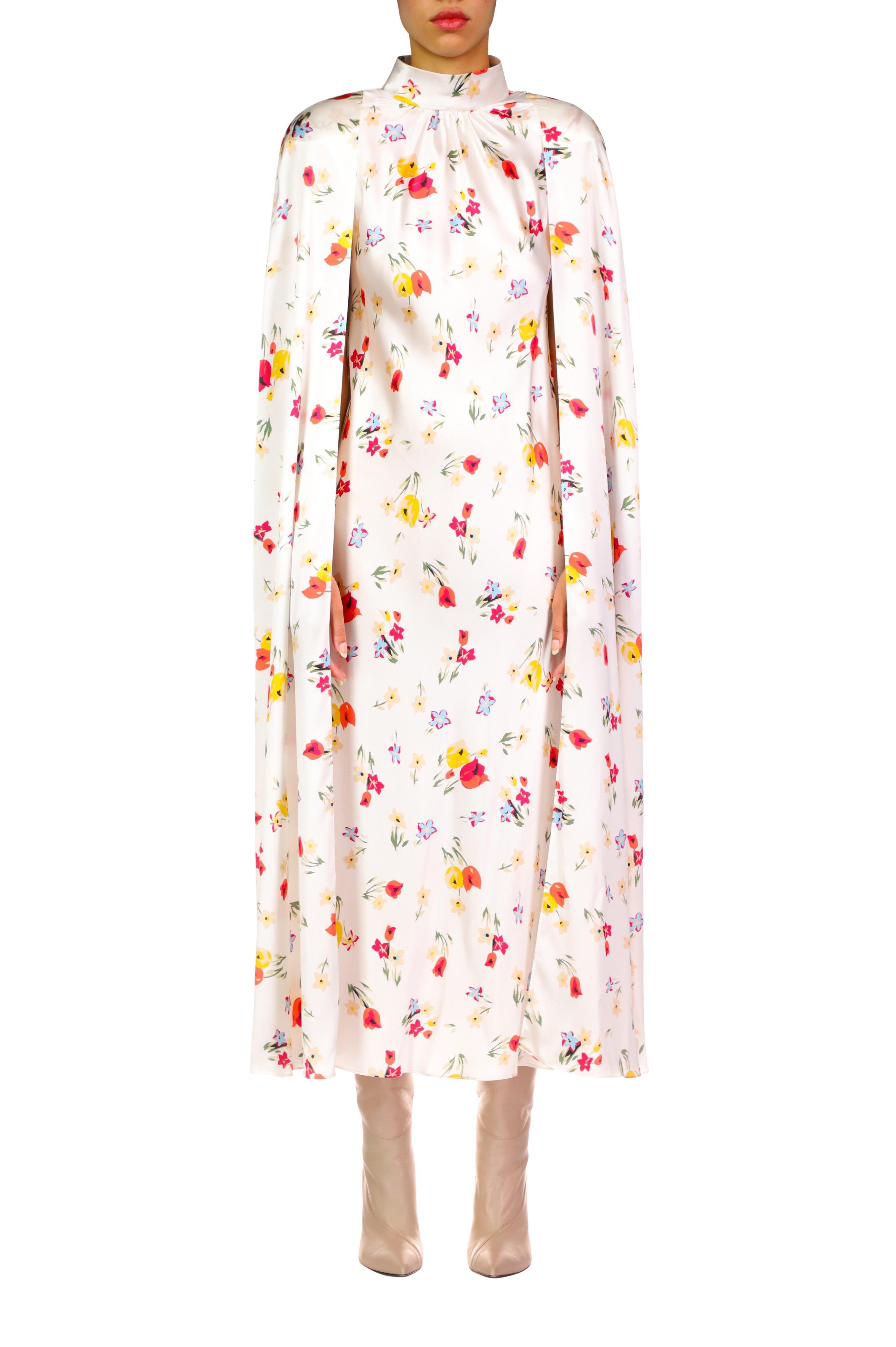 White And Red Tulip Printed Silk Satin Cape Dress Product Image