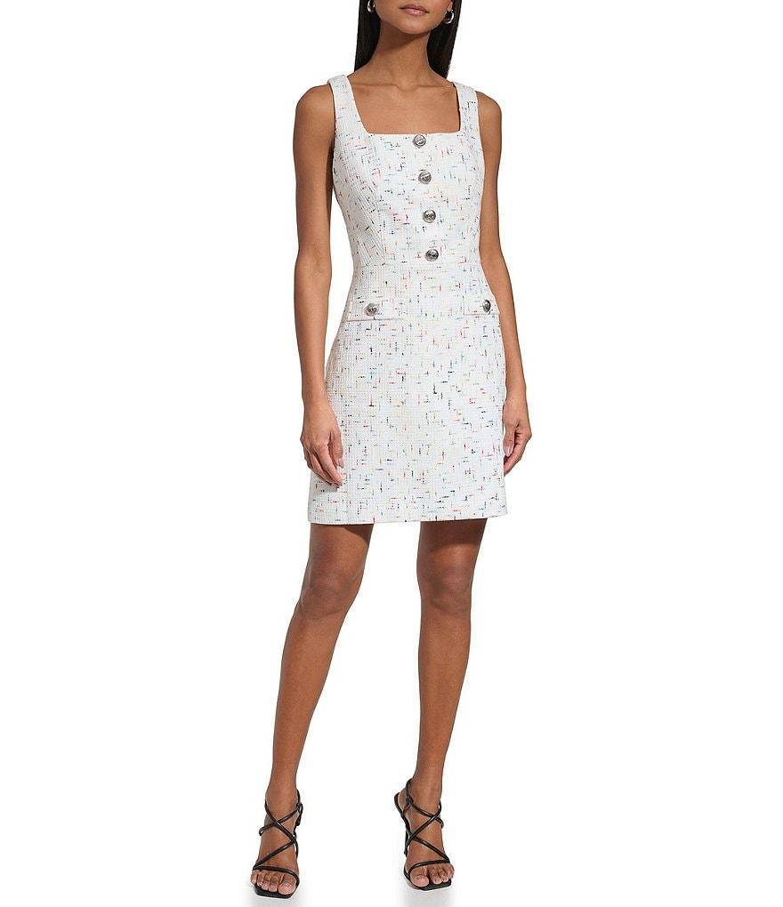 KARL LAGERFELD PARIS Tweed Square Neck Sleeveless Shift Dress Product Image