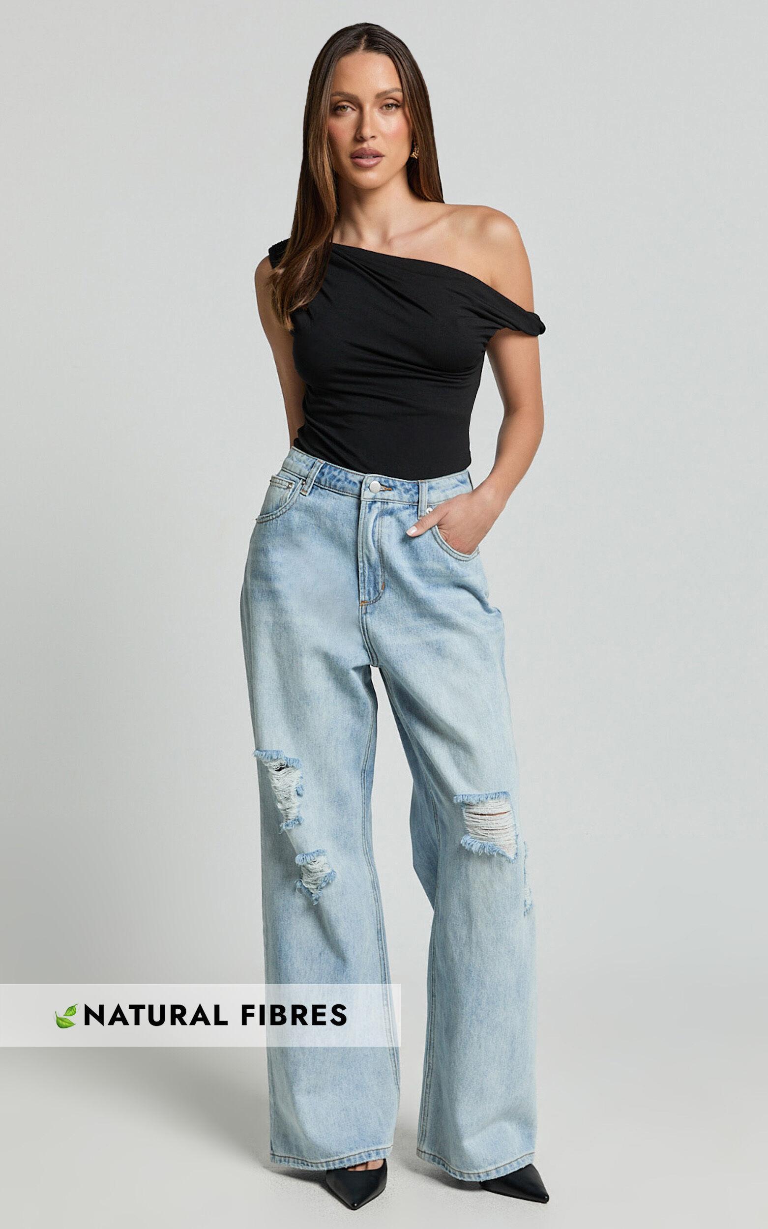 Cate Jeans - Baggy High Waist Ripped Wide Leg Recycled Denim Jeans in Light Blue Wash Product Image