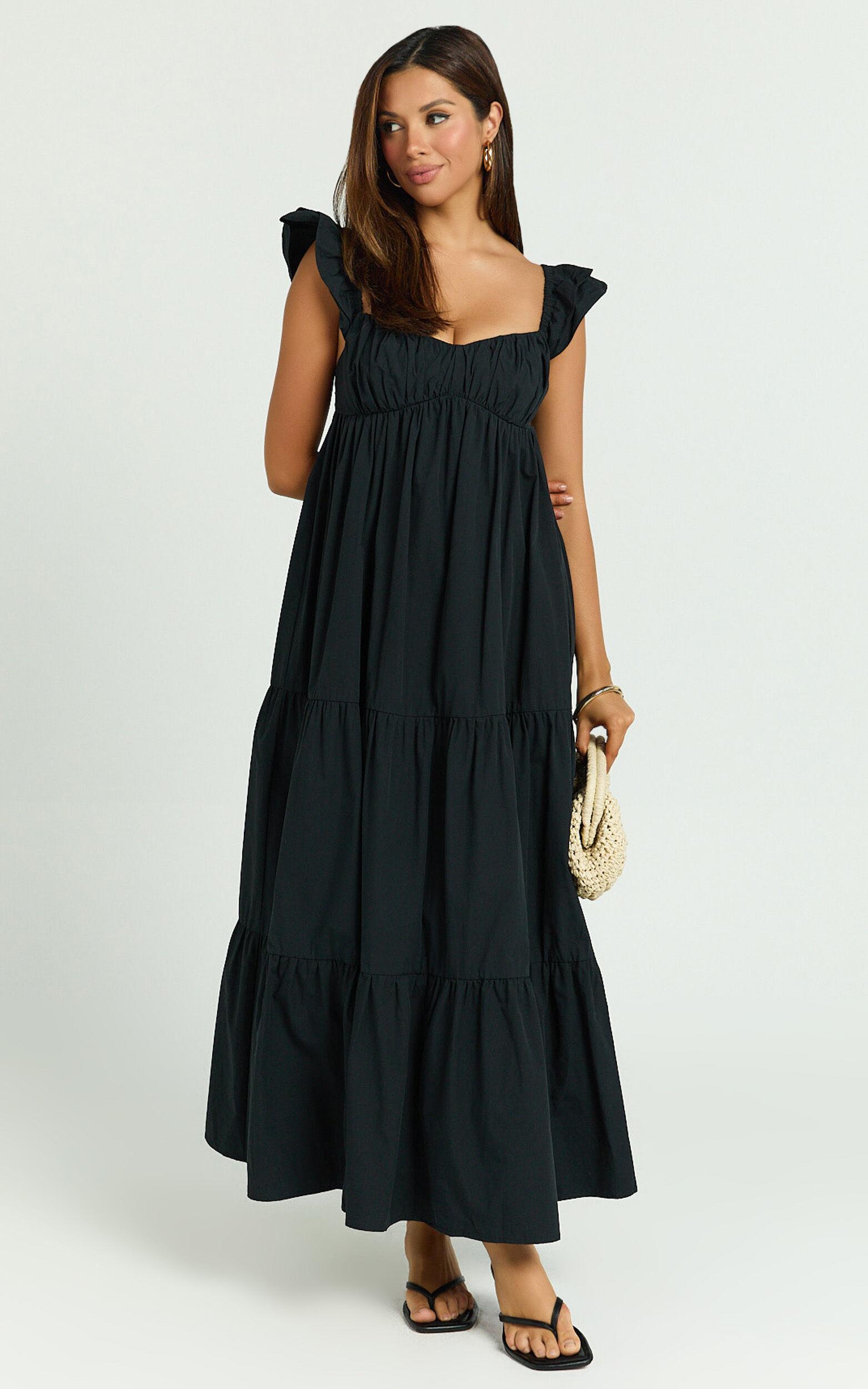 Brienne Midi Dress - Flutter Sleeve Tie Back Dress in Black Product Image