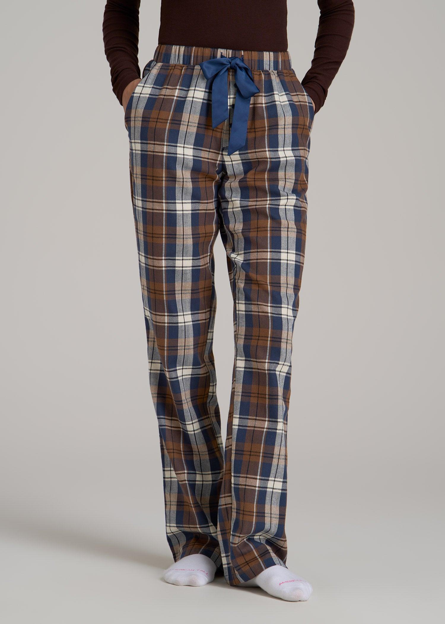 Open-Bottom Flannel Women's Tall Pajama Pants in Brown Blue Plaid Product Image