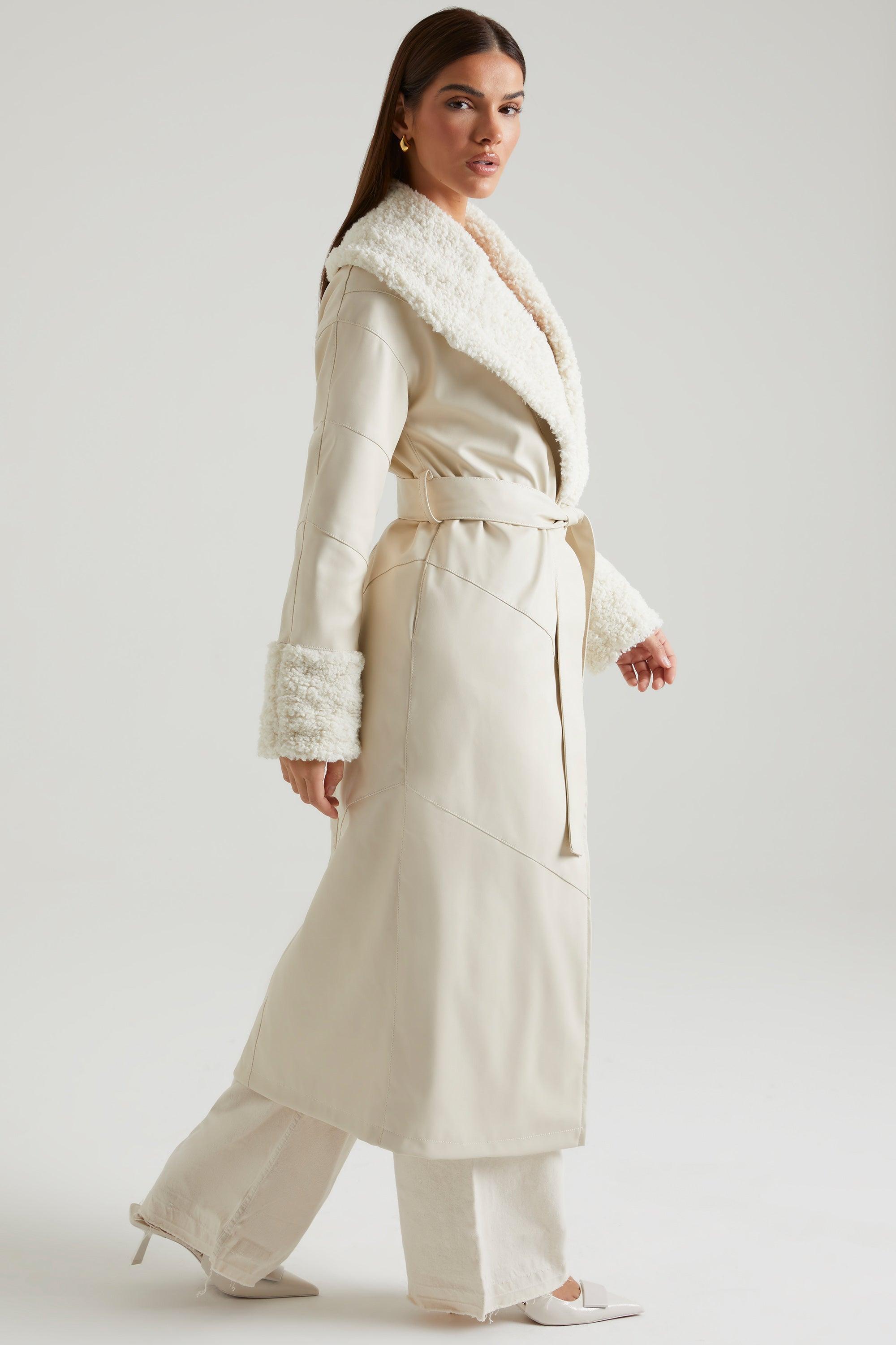 Tie Up Coat with Shearling Collar and Cuffs in Cream Product Image