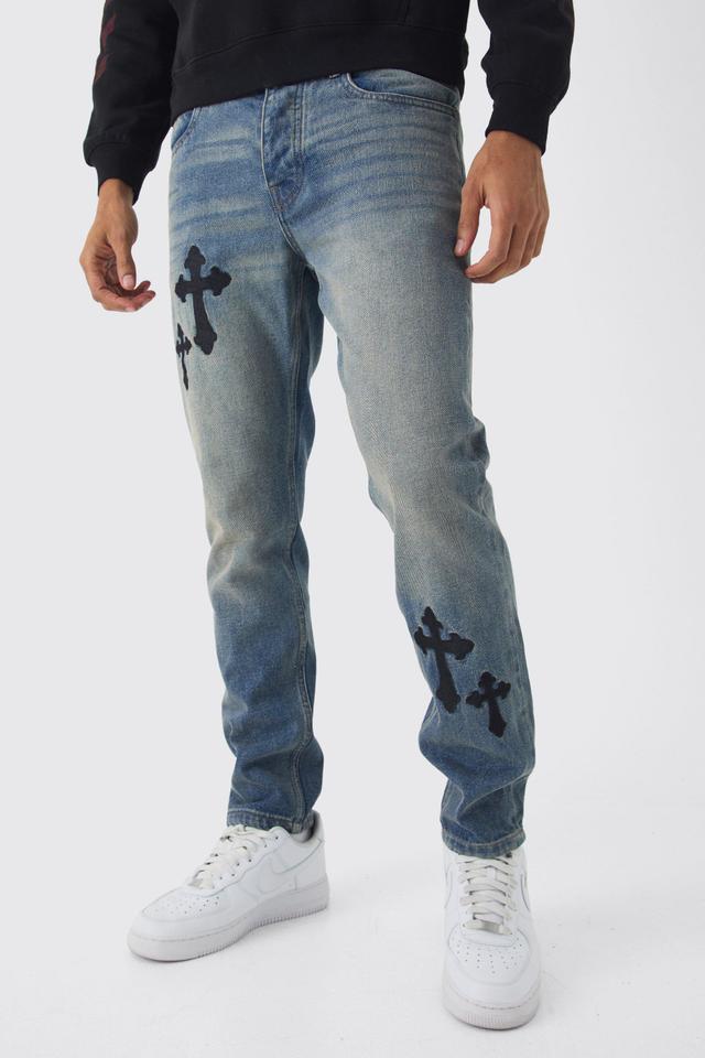 Mens Blue Slim Rigid Cross Embroidered Jeans, Blue Product Image