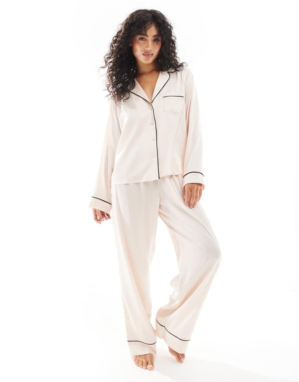 ASOS DESIGN satin long sleeve shirt & pants pajama set in pink Product Image