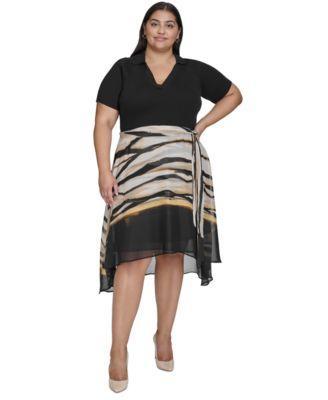 Plus Size Mixed-Media Belted High-Low Dress Product Image