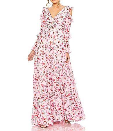 Mac Duggal Floral Print V-Neck Long Sleeve Tiered Ruffled A Product Image