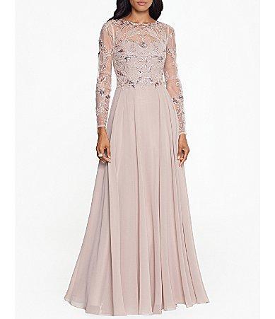 Xscape Illusion Crew Neck Long Sleeve Floral Beaded Bodice Chiffon Gown Product Image