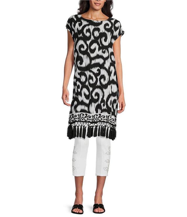 Slim Factor by Investments Scrolling Ikat Print Boat Neck Capped Sleeve Tassel Trim Tunic Product Image