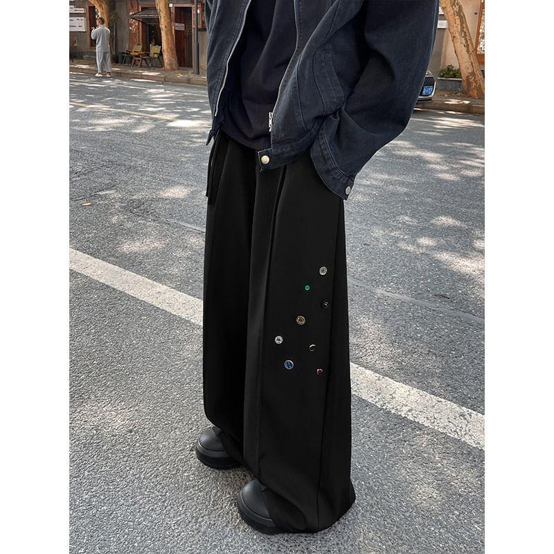 Mid Rise Plain Button Detail Wide Leg Pants Product Image