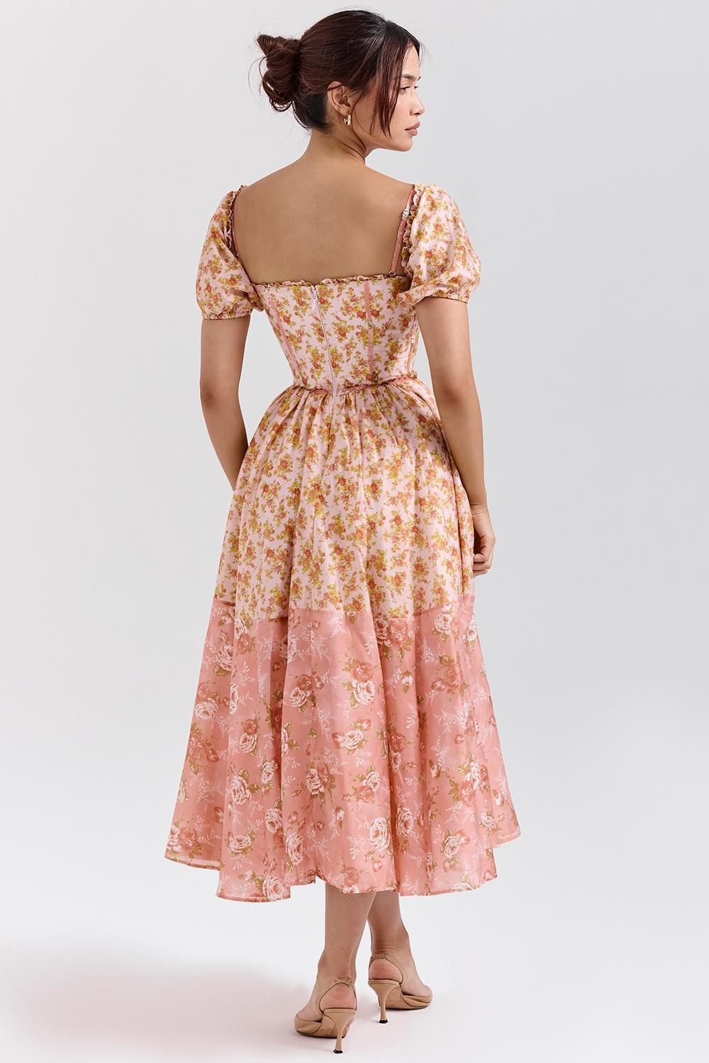 Penelope Peach Poppy Print Puff Sleeve Midi Sundress Product Image