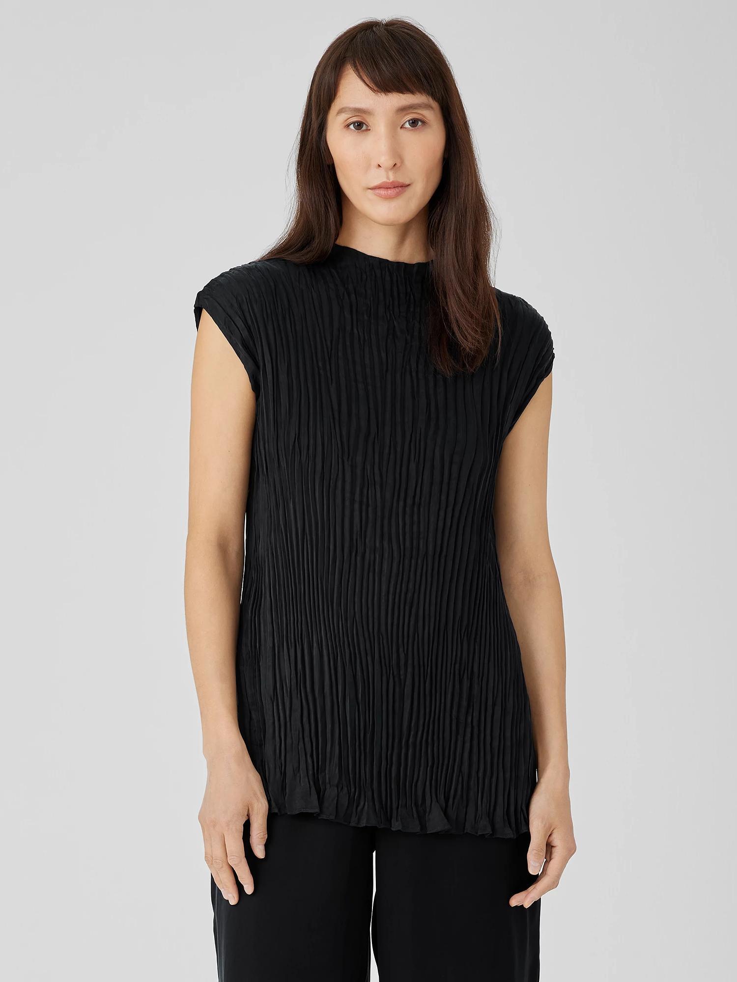 EILEEN FISHER Crushed Cupro Funnel Neck Long Top  Black  female  size:Extra Large Product Image