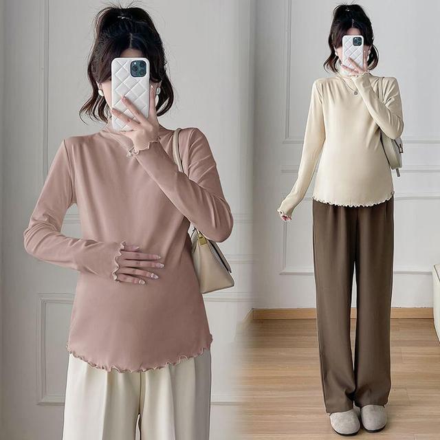 Maternity Long-Sleeve Mock Neck Plain Lettuce Edge Tee Product Image