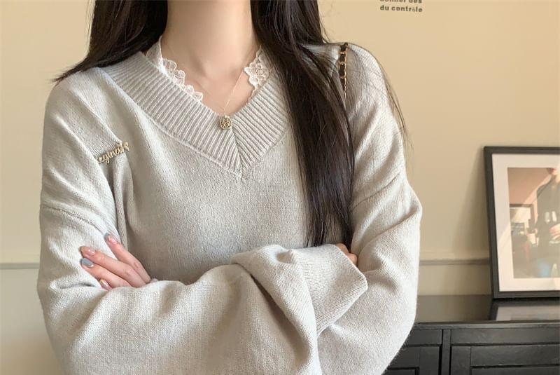 V-Neck Plain Oversized Sweater Product Image