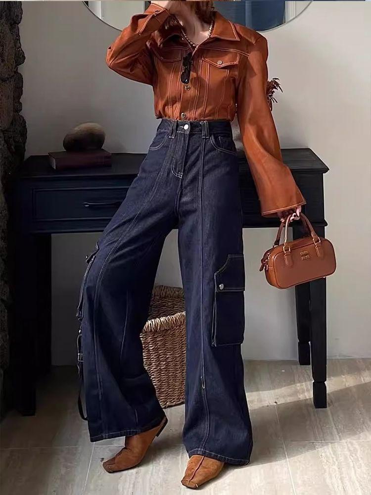 High Waist Pocket Detail Wide Leg Jeans Product Image