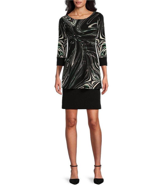 Eva Varro Abstract Swirl Print Knit Jersey Boat Neck 3/4 Sleeve Layered Blouson Dress Product Image