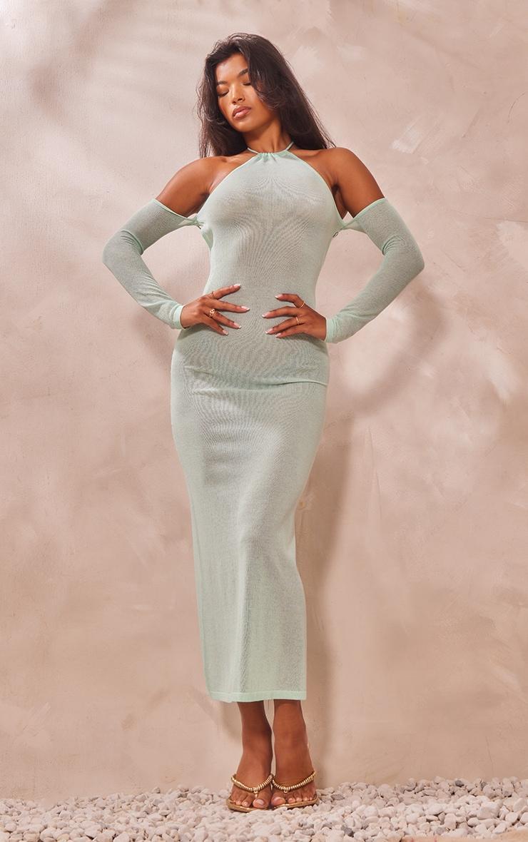 Mint Sheer Knit Halter Neck Long Sleeve Dress Product Image