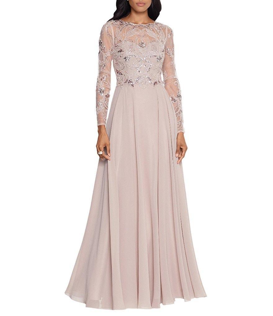 Xscape Illusion Crew Neck Long Sleeve Floral Beaded Bodice Chiffon Gown Product Image