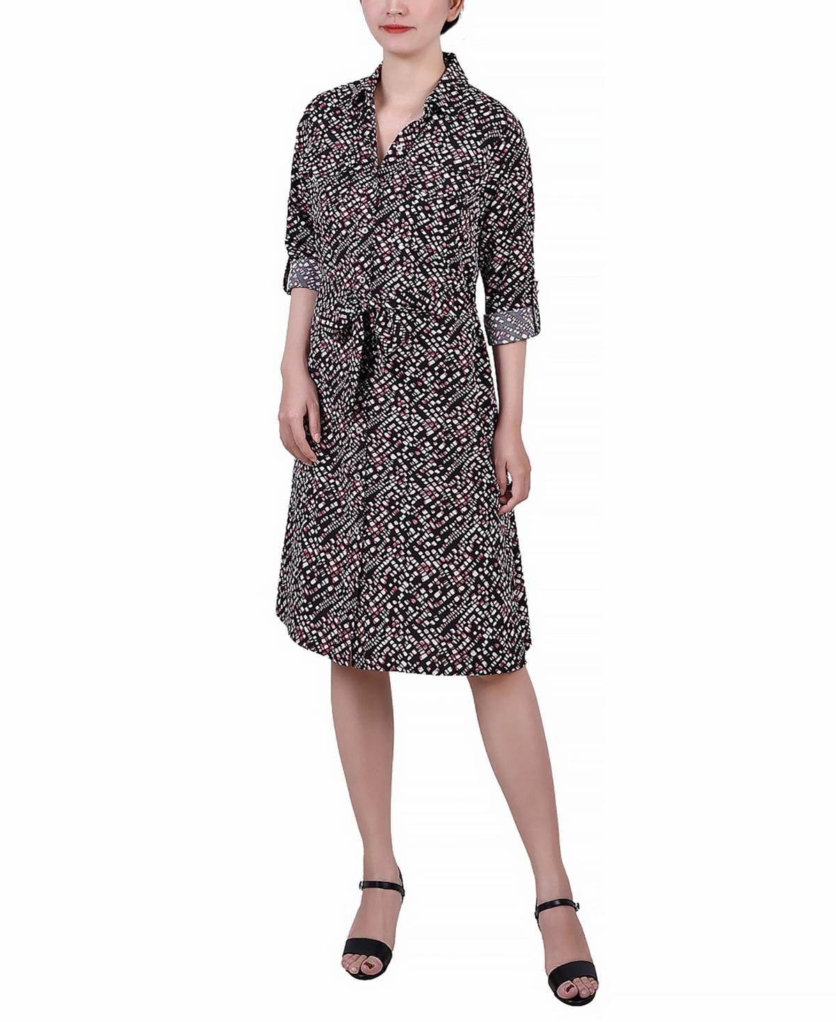 Ny Collection Petite Geometric Printed Long Sleeve Roll Tab Shirtdress Product Image