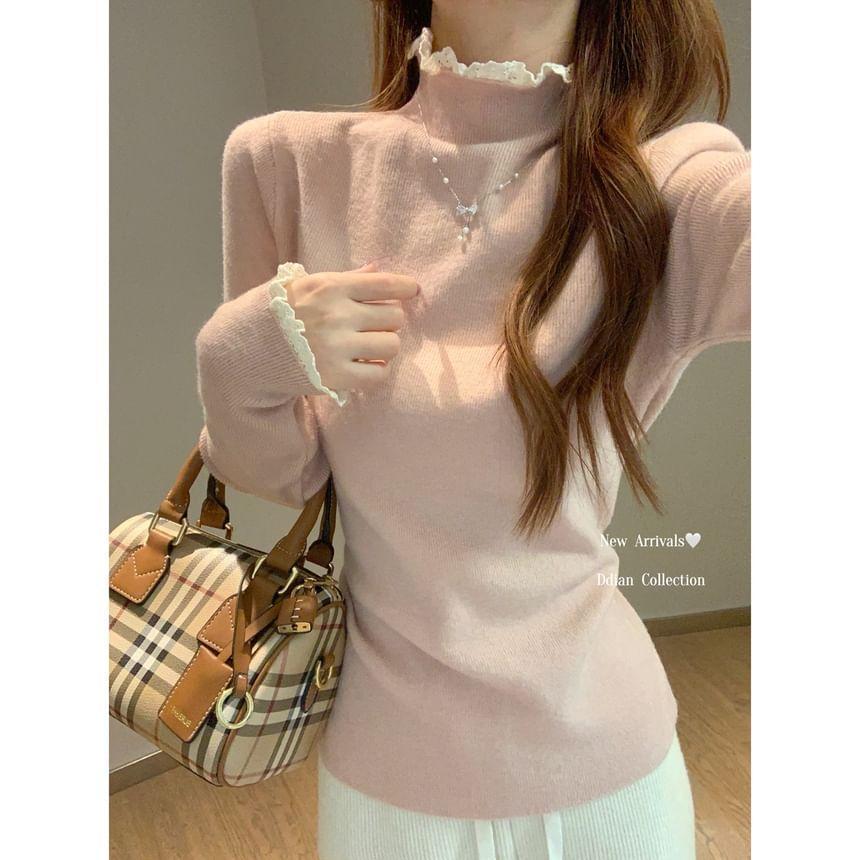 Long Sleeve Mock Neck Frill Knit Top Product Image