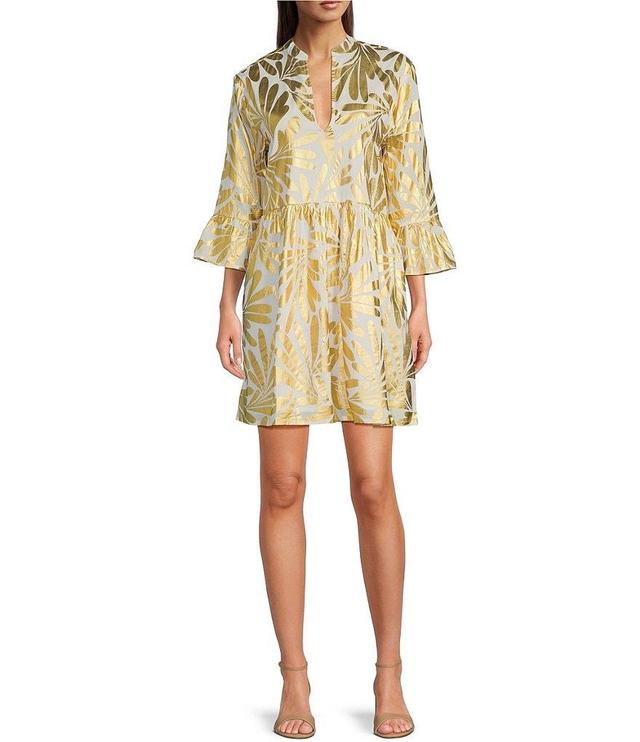 Jude Connally Faith Ornament Leaf Gold Print Cotton Voile Banded Collar 3/4 Bell Sleeve A-Line Dress Product Image