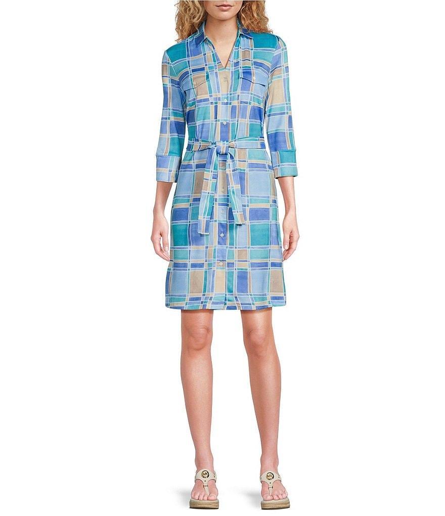 J.McLaughlin Brynn Tile Print Jersey Knit Collared V-Neck 3/4 Sleeve Chest Pocket Belted Shirt Dress Product Image