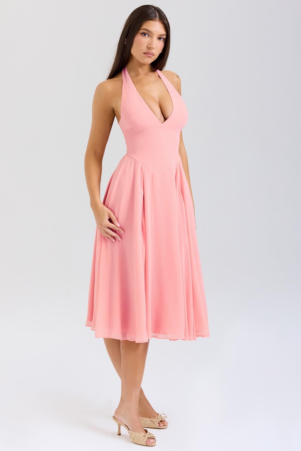 Solada Peach Georgette Halter Sundress Product Image