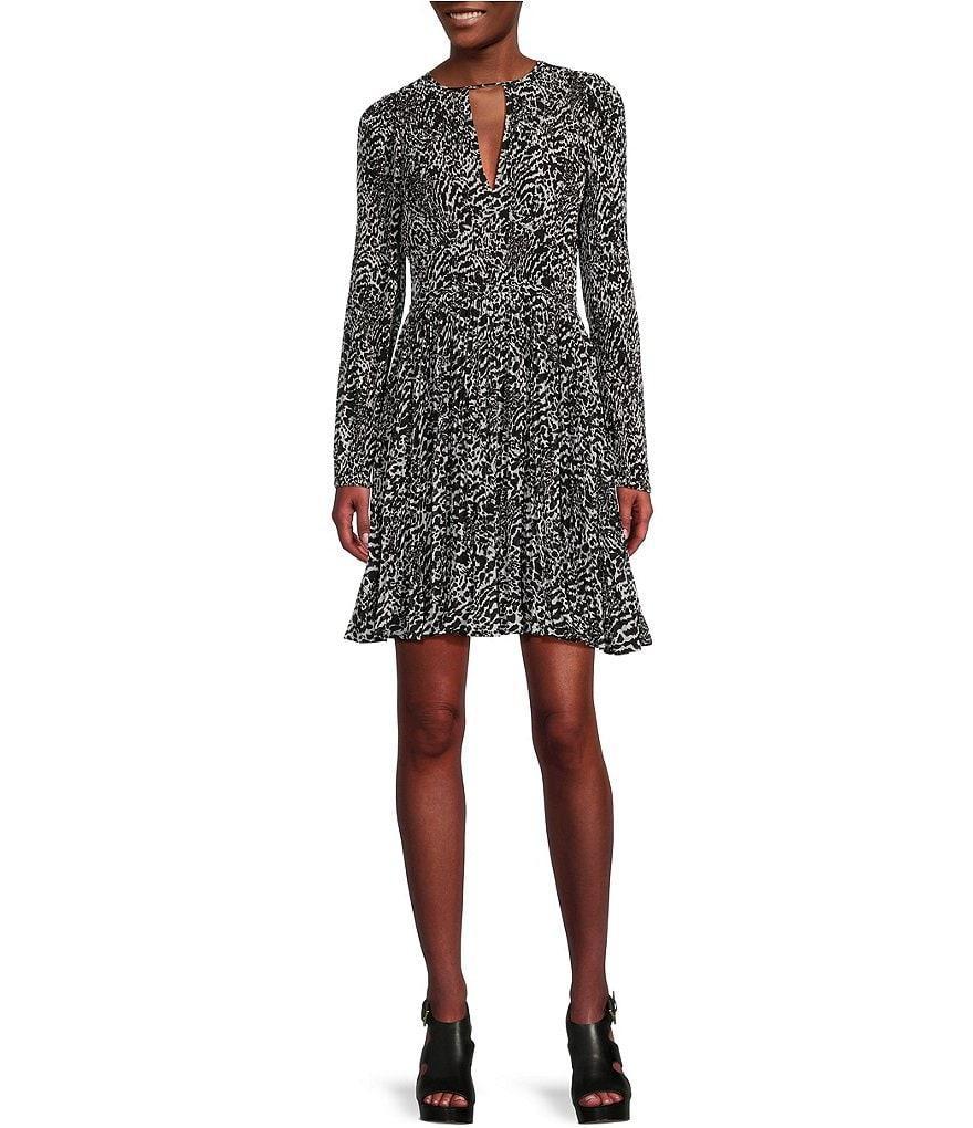 MICHAEL Michael Kors Modern Ocelot Print V-Neck Long Sleeve Mini Dress Product Image