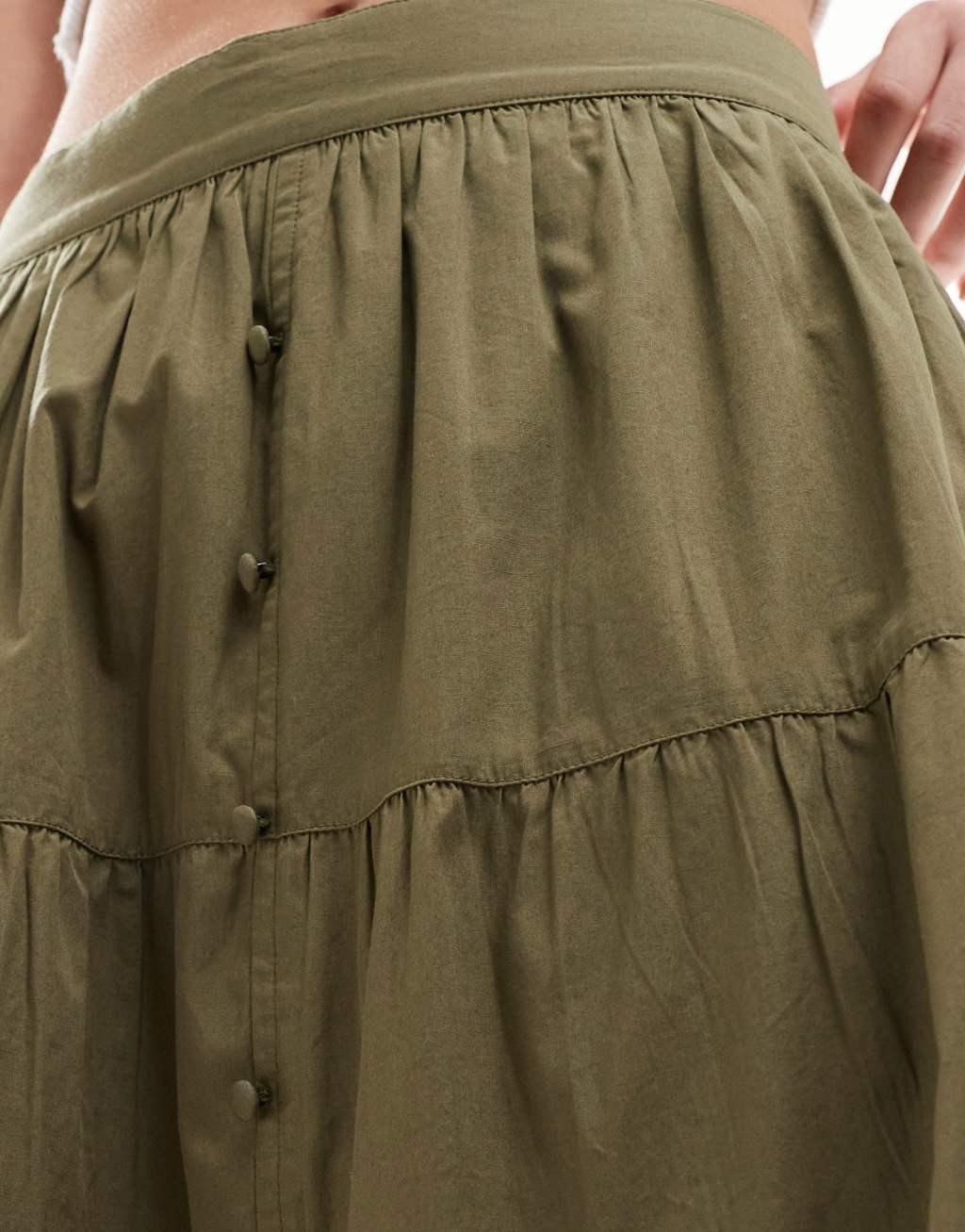 Miss Selfridge button through tiered prairie maxi skirt in khaki Product Image