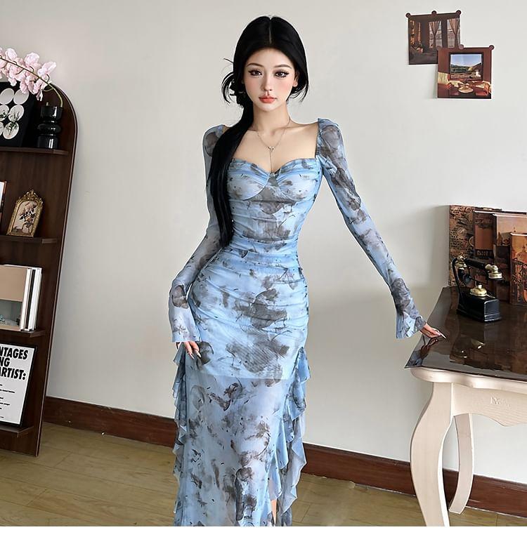 Long-Sleeve Patterned Ruffle Maxi Sheath Dress Product Image