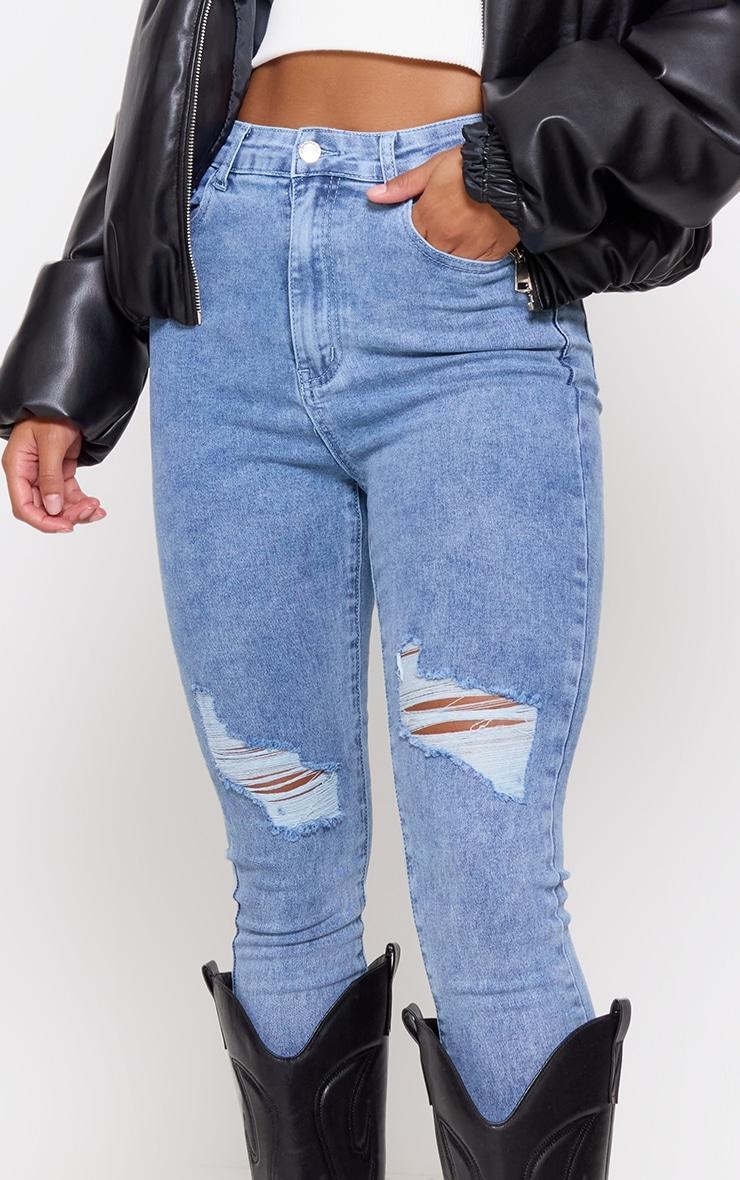 PRETTYLITTLETHING Vintage Wash Knee Rip 5 Pocket Skinny Jeans Product Image