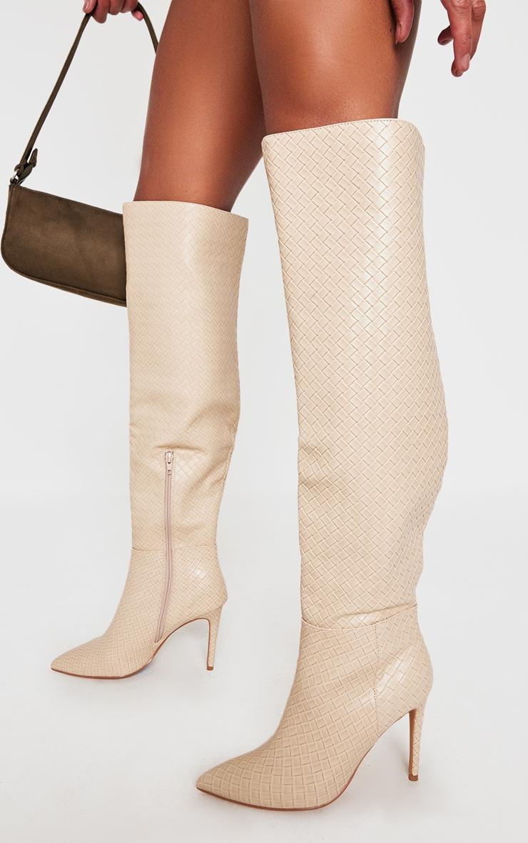 Cream Wide Fit Weave Pu Point Toe Over The Knee Heeled Boots Product Image