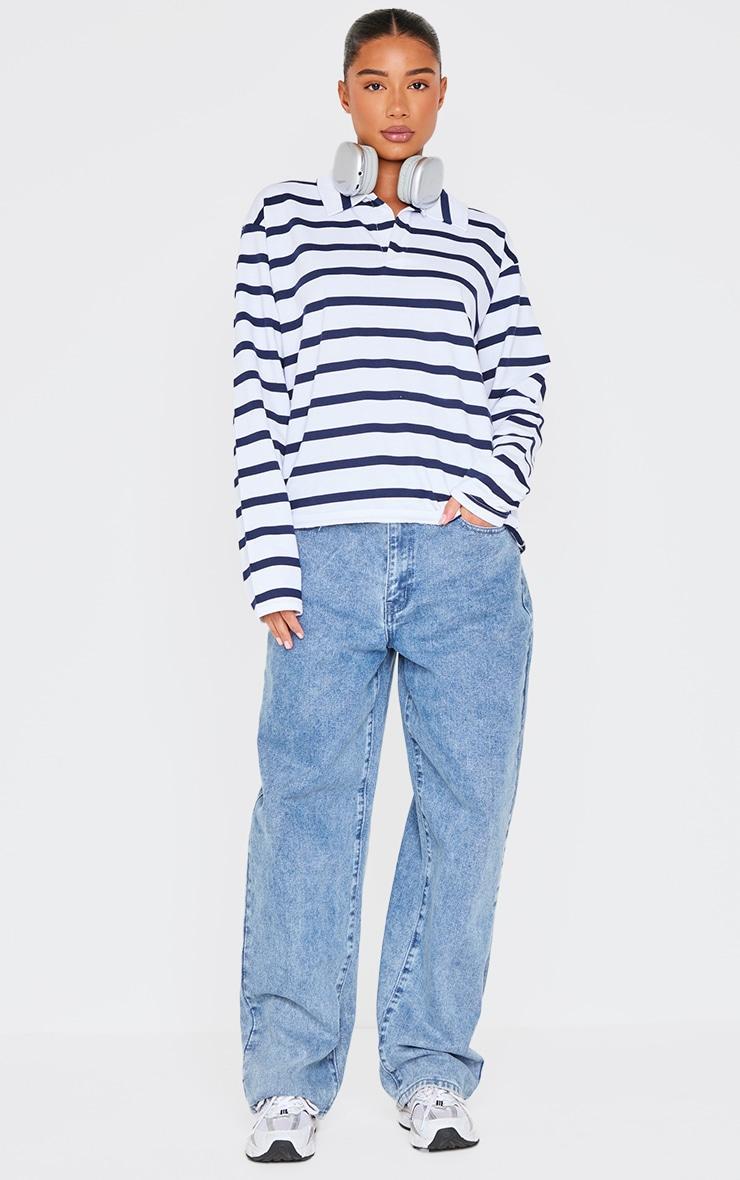 Blue And White Contrast Stripe V Neck Collared Sweatshirt Product Image