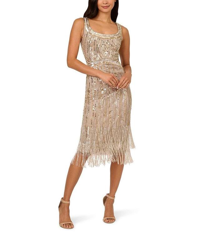 Adrianna Papell Beaded Mesh Square Neck Sleeveless Fringe Hem Sheath Dress Product Image