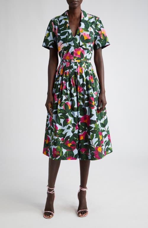 Oscar de la Renta Floral Print Bow Square Neck Stretch Cotton Dress Product Image