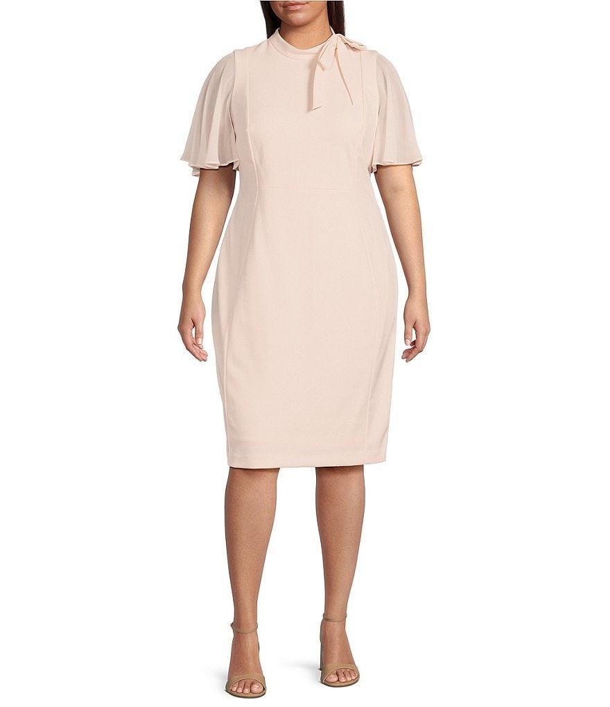 Calvin Klein Plus Size Short Sleeve Mock Neck Bow Embellished Scuba Crepe Sheath Dress Product Image