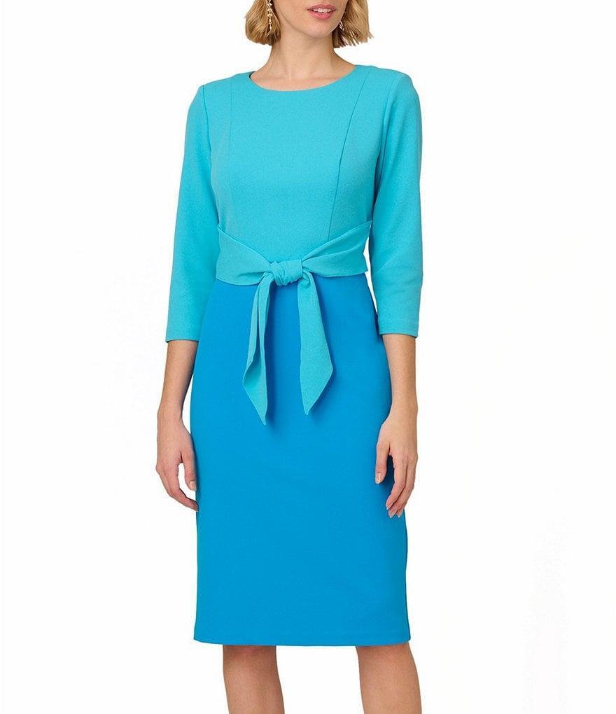 Adrianna Papell Color Block Crew Neck 3/4 Sleeve Tie Front Dress Product Image