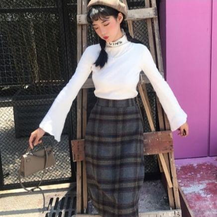 High Waist Plaid Midi A-Line Skirt product image