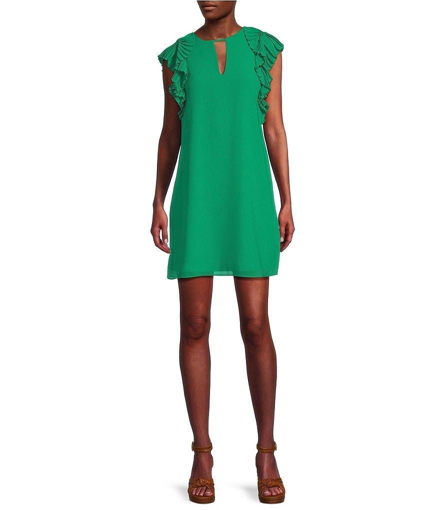 Vince Camuto Chiffon Float Ruffle Sleeveless Keyhole Crew Neck Shift Dress Product Image