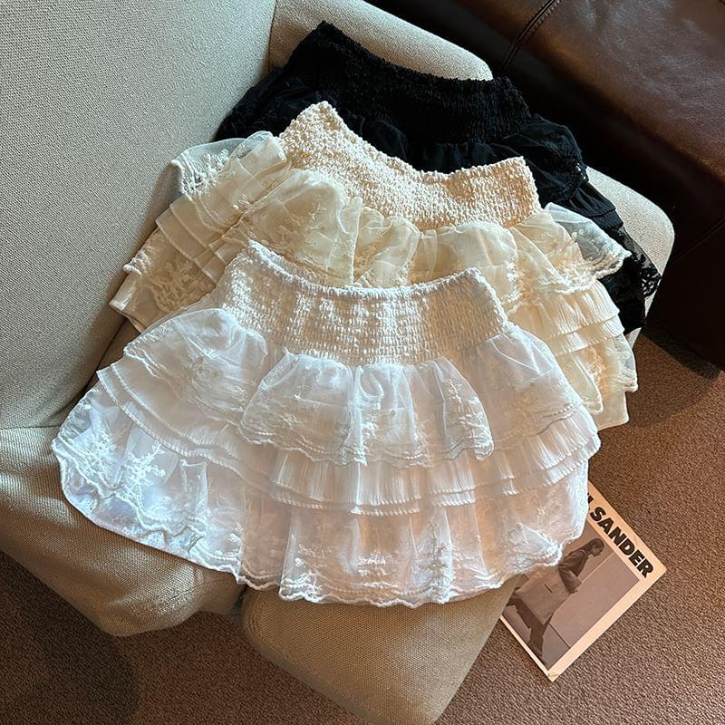 High Waist Plain Lace Panel Tiered Mini A-Line Skirt Product Image