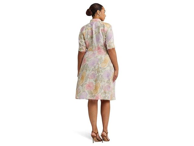 LAUREN Ralph Lauren Plus-Size Floral Tie-Front Linen Shirtdress (Cream ) Women's Dress Product Image