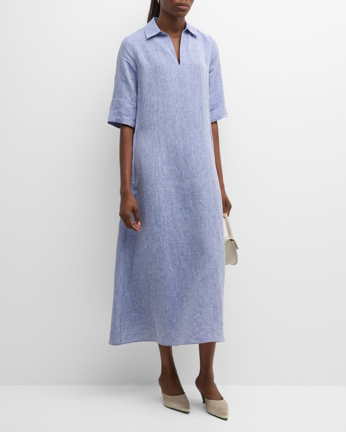 Heathered Elbow-Sleeve Linen Midi Dress Product Image